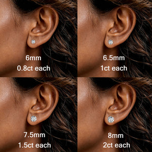 Moissanite Stud Earrings size comparison on ear 0.8ct 1ct 1.5ct 2ct options | Oglowa