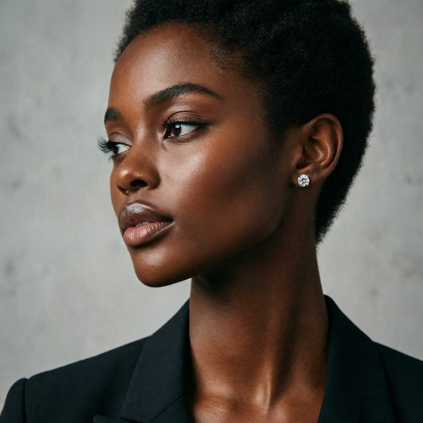 Model wearing 4-Prong Moissanite Stud Earrings with black blazer | Oglowa