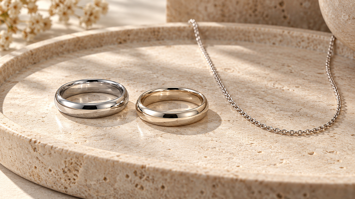 Silver-tone and white-gold-tone rings for a jewelry comparison