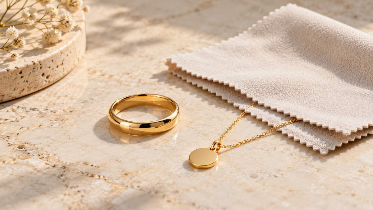 Gold-tone jewelry beside a polishing cloth