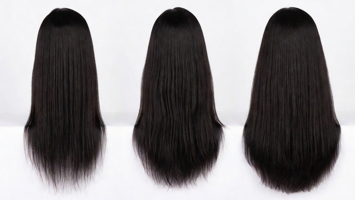 Side-by-side comparison of wigs in 130 percent 150 percent and 180 percent density showing the visible difference in fullness and thickness