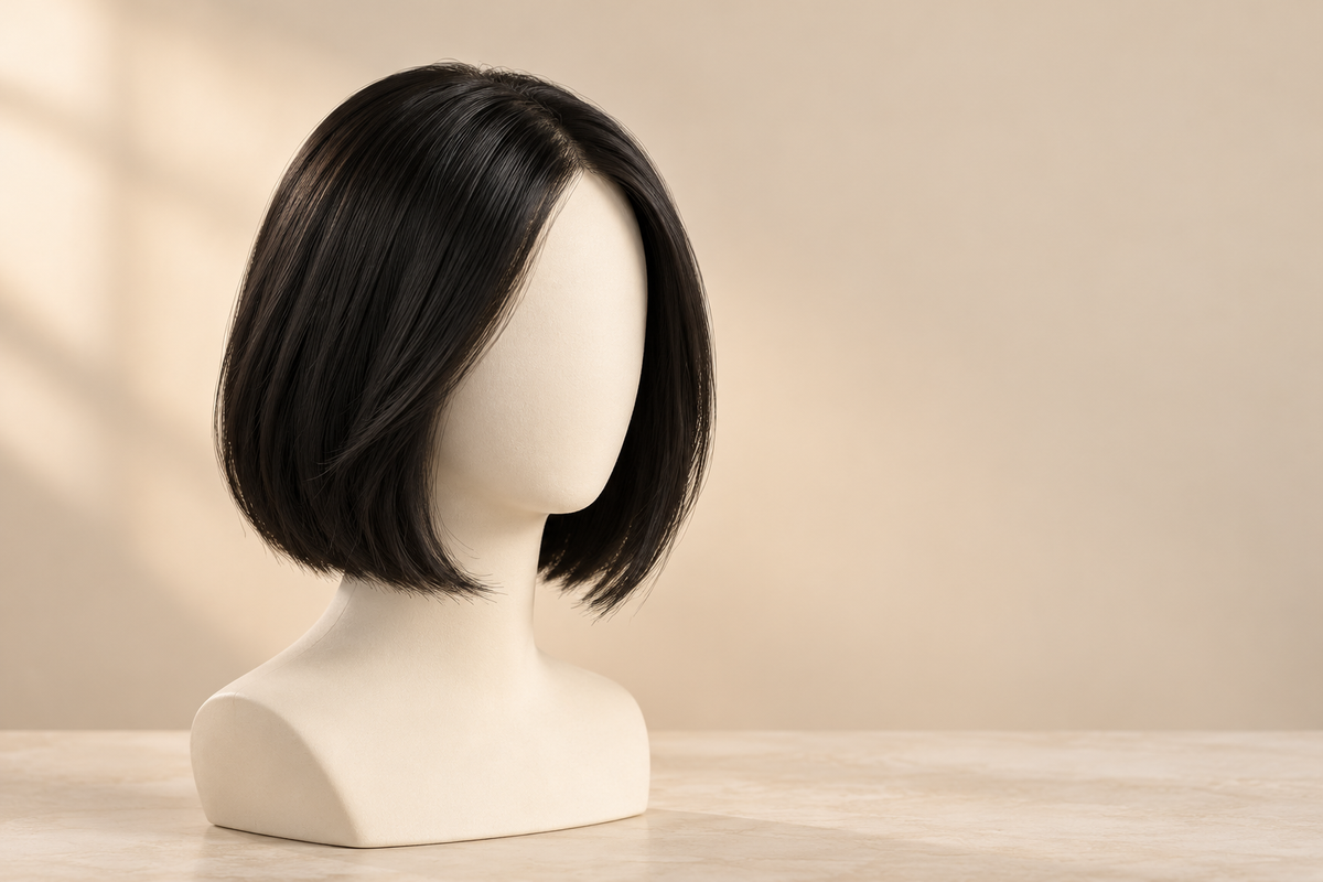 Chin-length bob wig displayed on a mannequin in a neutral studio