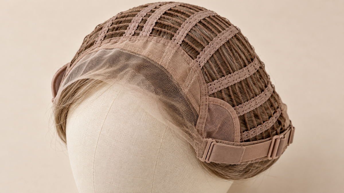 Inside view of an open-wefted wig cap with lace front and adjustable straps
