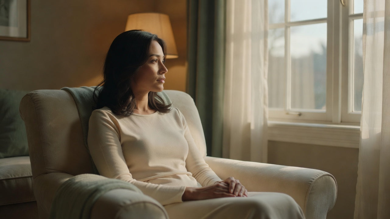 Woman wearing wig sitting quietly by window in soft morning light — chemo wig guide