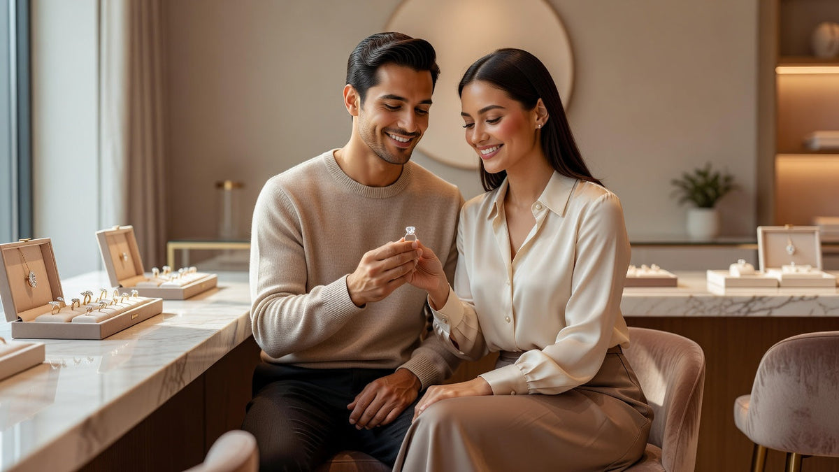 Couple choosing moissanite engagement ring together