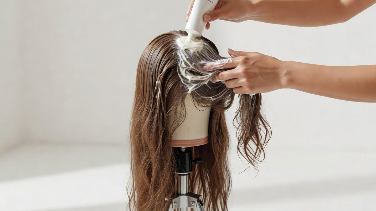 Deep conditioner applied to human hair wig for restoration