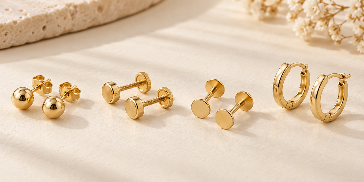 Gold-tone earrings showing push screw flat and hinged closure styles
