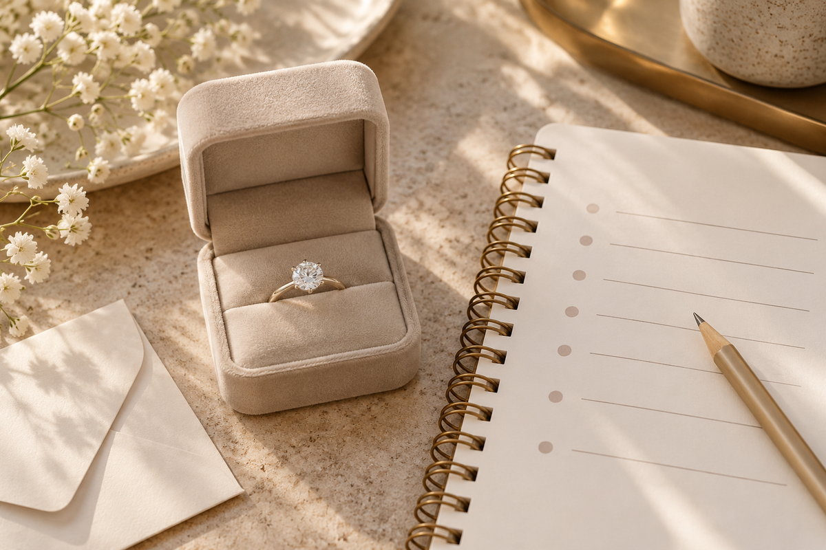 An engagement ring in an open neutral jewelry box beside a blank budget notebook and pencil
