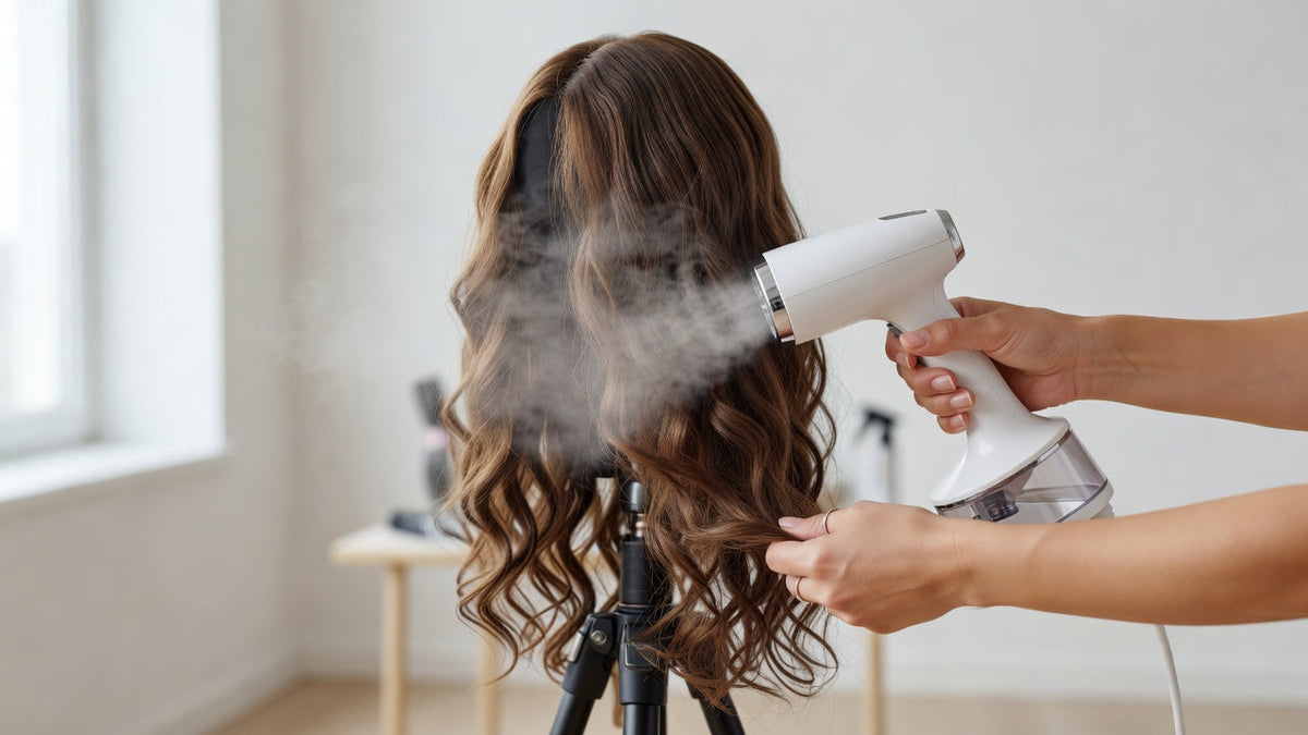 Garment steamer straightening synthetic wig on stand
