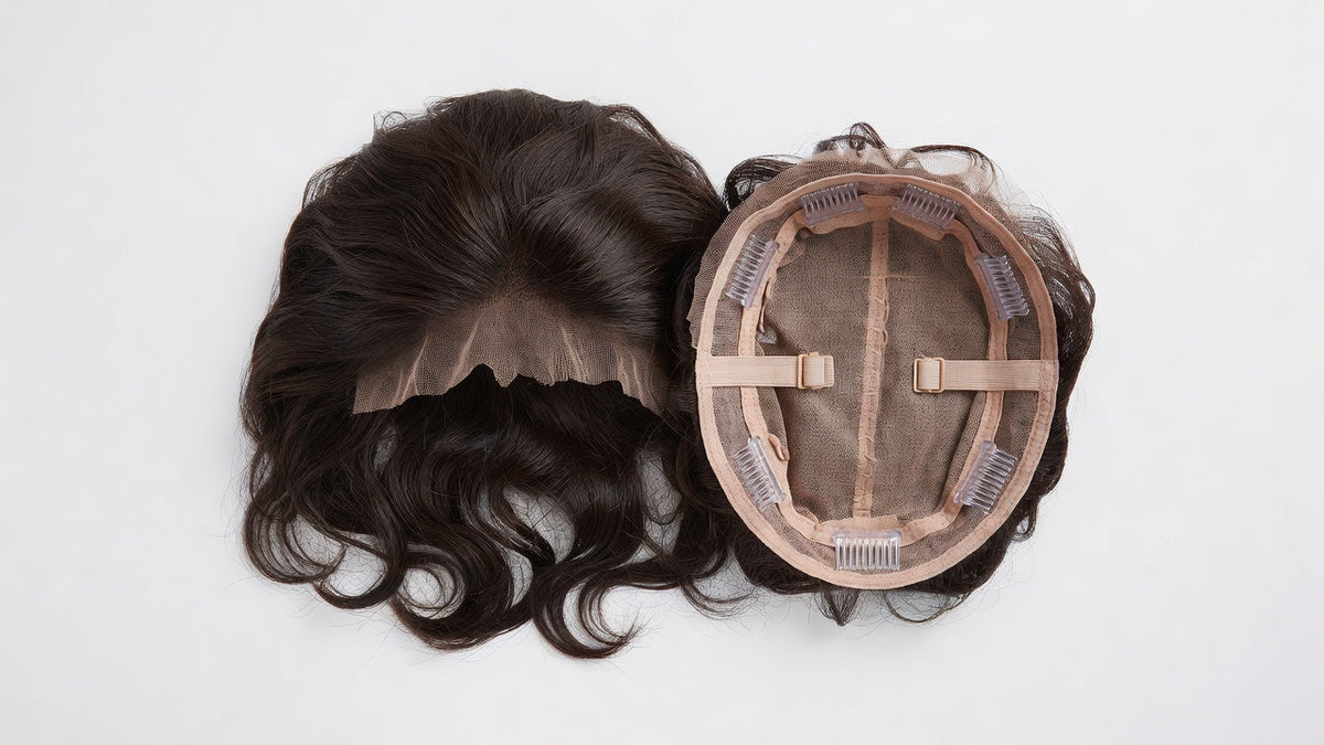 A glueless wig shown from the inside with adjustable straps and combs, beside a pre-cut lace hairline