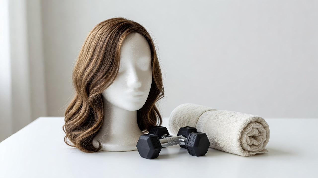 Glueless wig on mannequin head beside dumbbells and gym towel