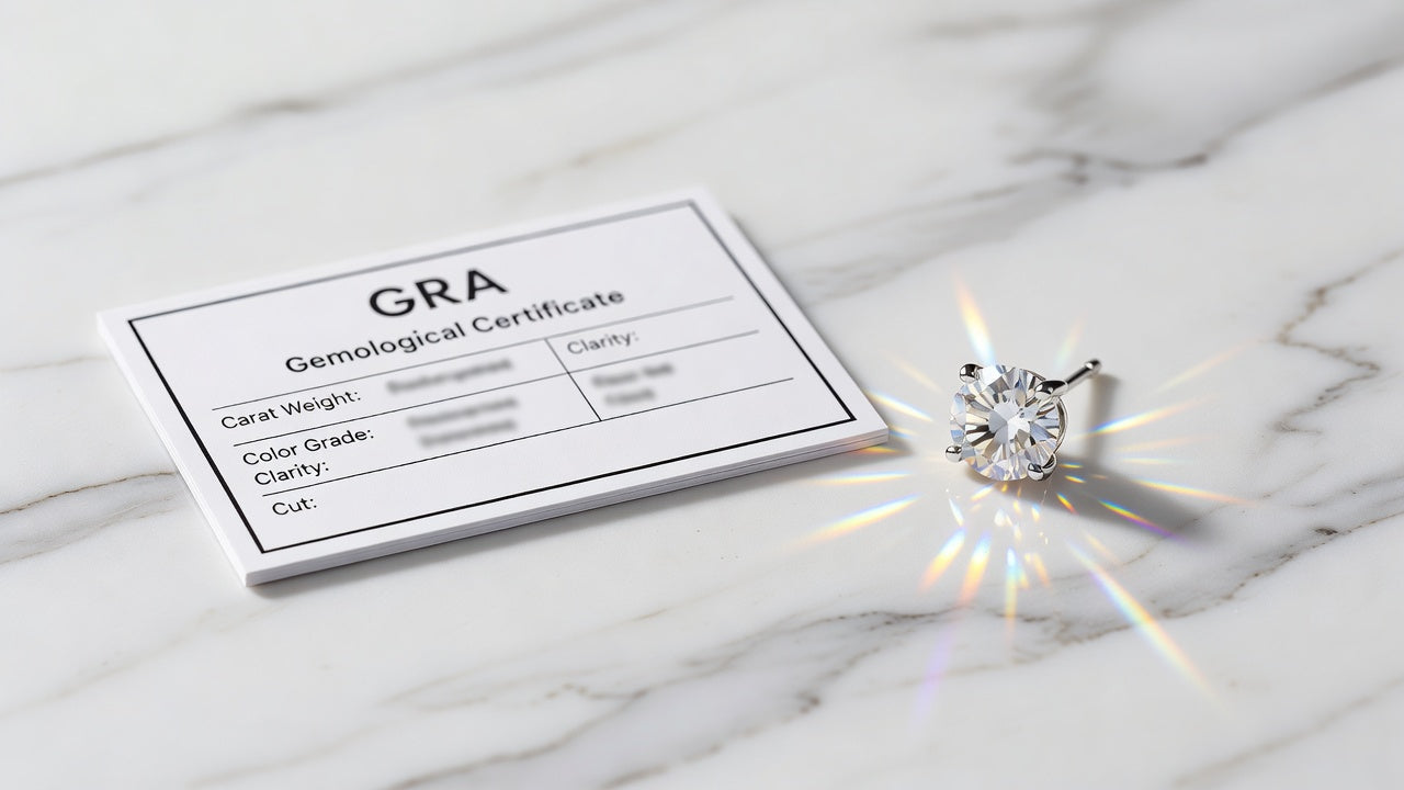 GRA gemological certificate card next to a sparkling moissanite stud earring on white marble