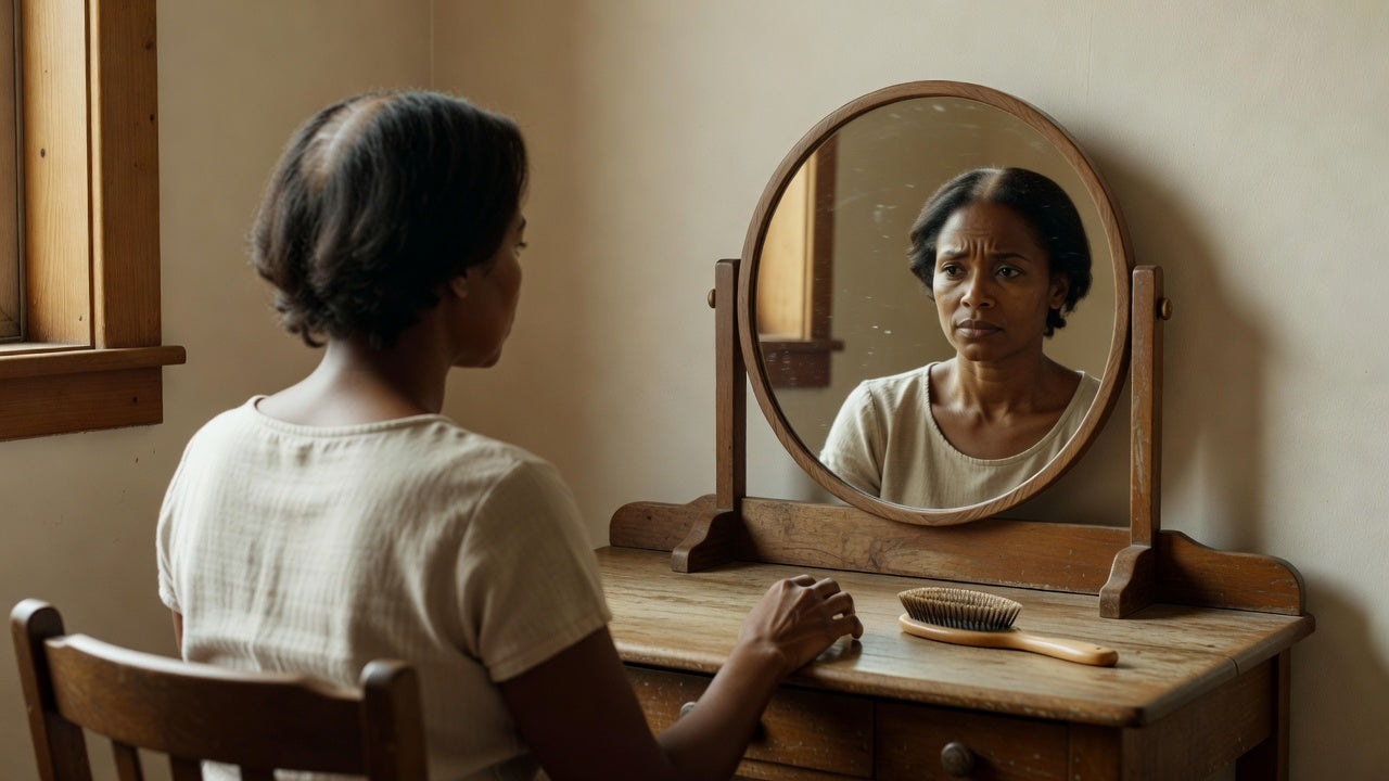 Woman with thinning hair sitting at dressing table looking at her reflection contemplating a wig for hair loss