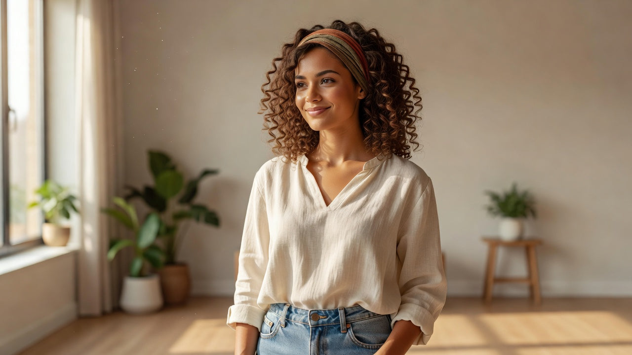 Woman wearing a headband wig in casual everyday style
