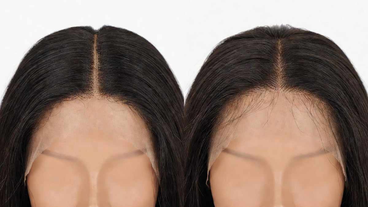 Side by side before and after comparison of a lace front wig hairline showing dense factory knots on the left and a softly plucked natural looking hairline on the right
