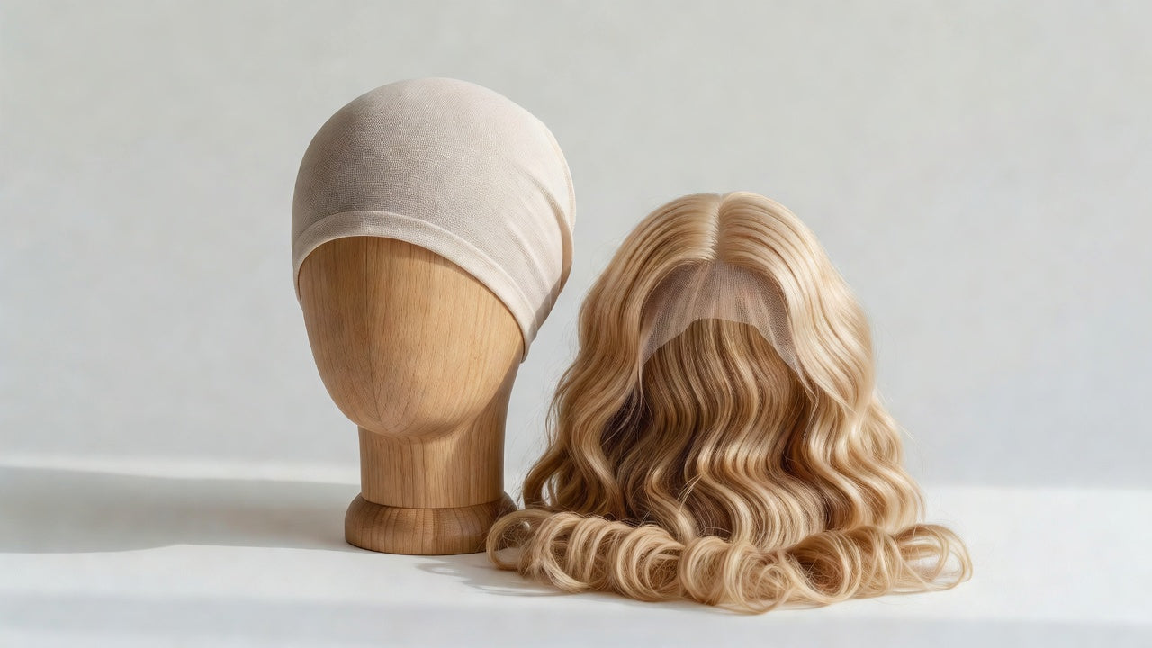 Bamboo wig cap beside a glueless wig for scalp comfort