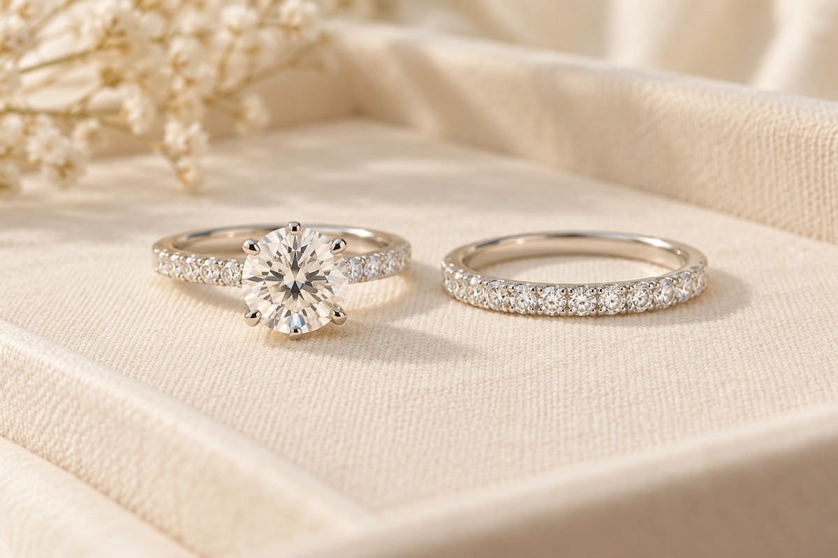 Two coordinated clear gemstone rings, an engagement ring and wedding band, shown side by side on a warm ivory jewelry tray