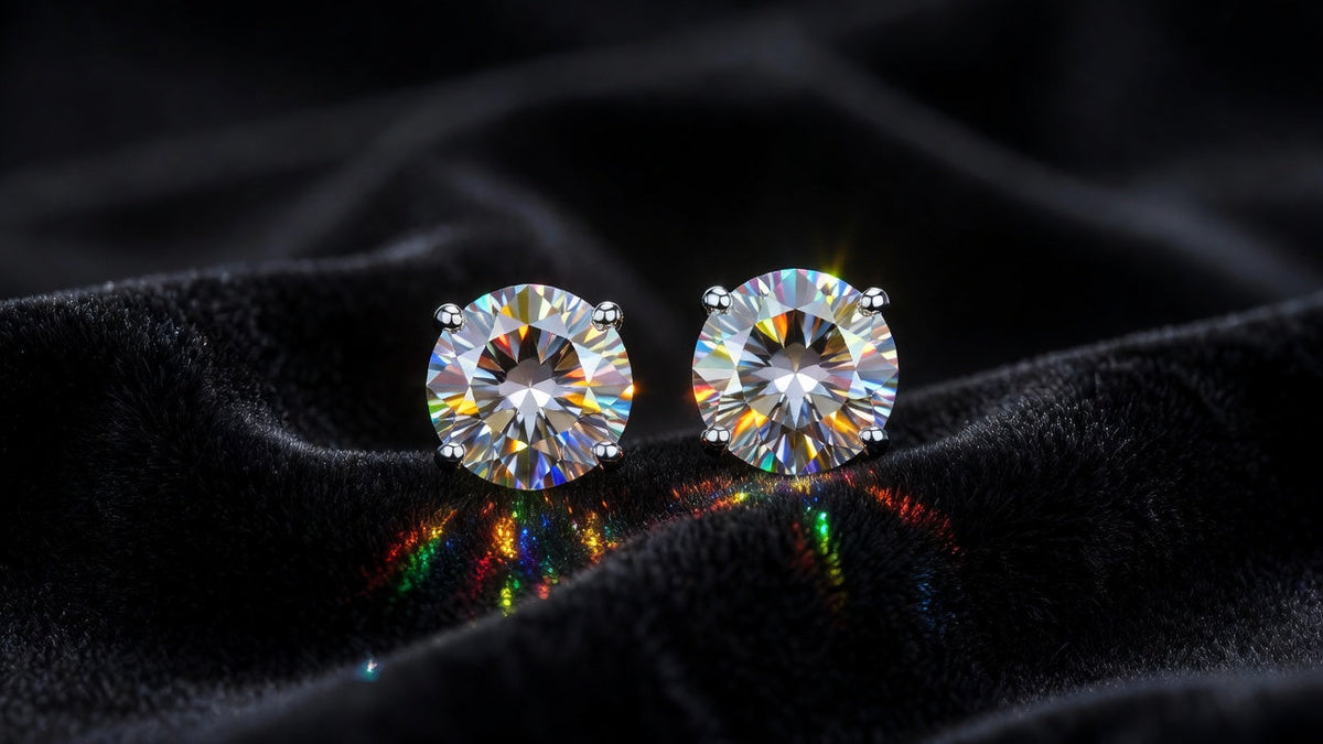 Moissanite D color VVS1 stud earrings showing bright colorless sparkle