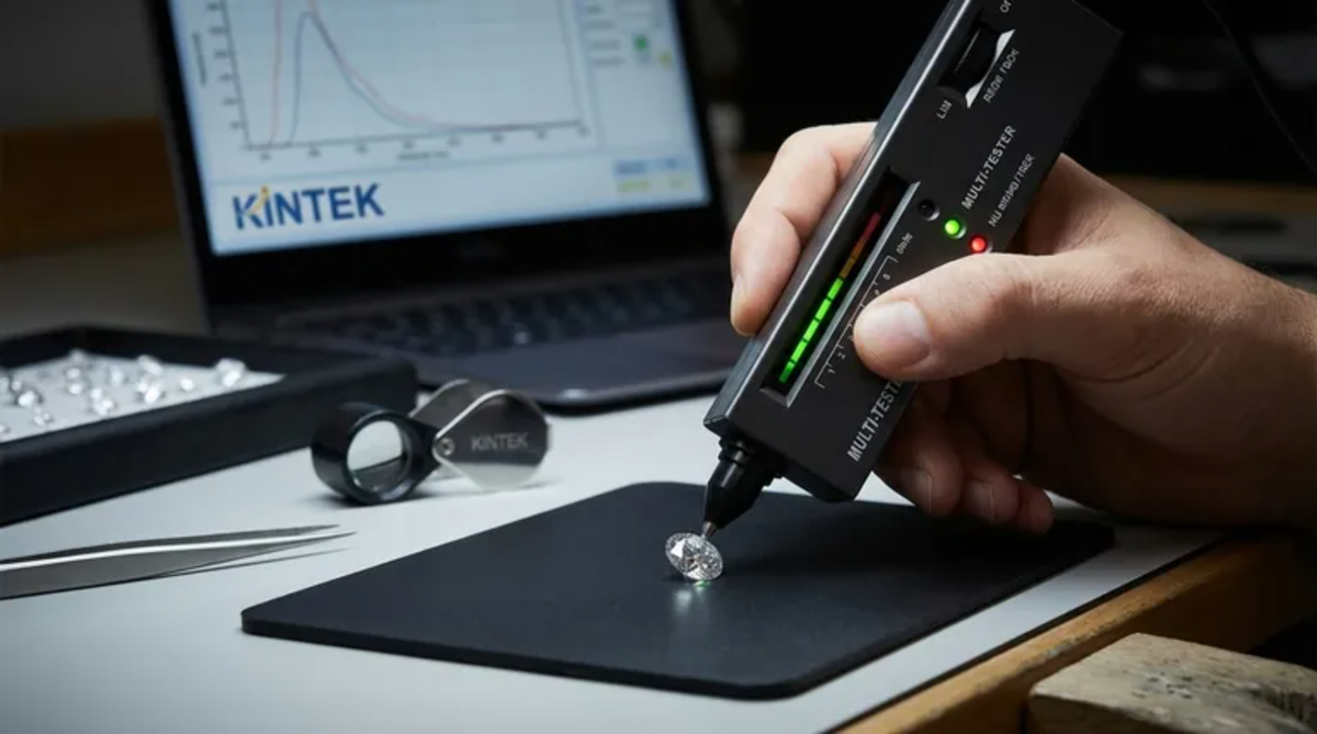 Diamond tester pen probe touching a moissanite ring stone on a white marble surface