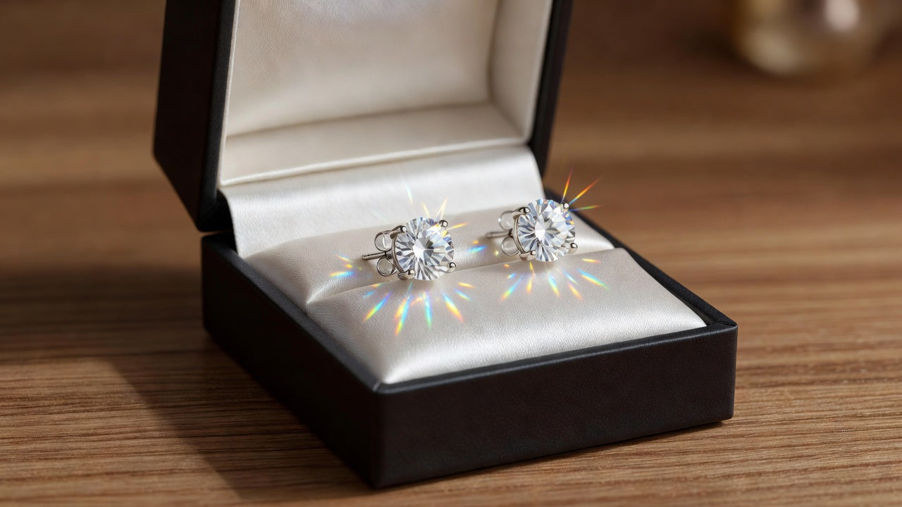 Elegant open jewelry gift box with sparkling moissanite stud earrings — moissanite as a gift guide