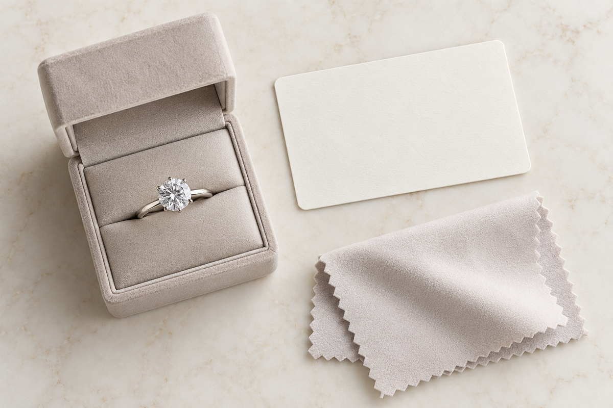 A clear gemstone ring beside an unbranded folder and magnifying loupe