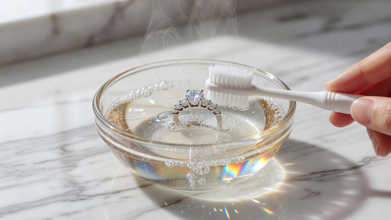 Cleaning moissanite ring with dish soap and soft toothbrush at home