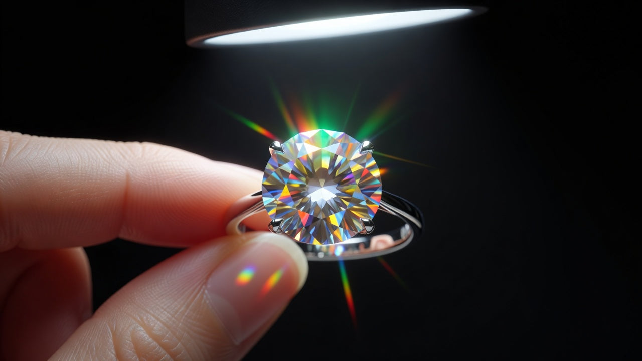 Moissanite ring showing green flash dispersion under fluorescent light