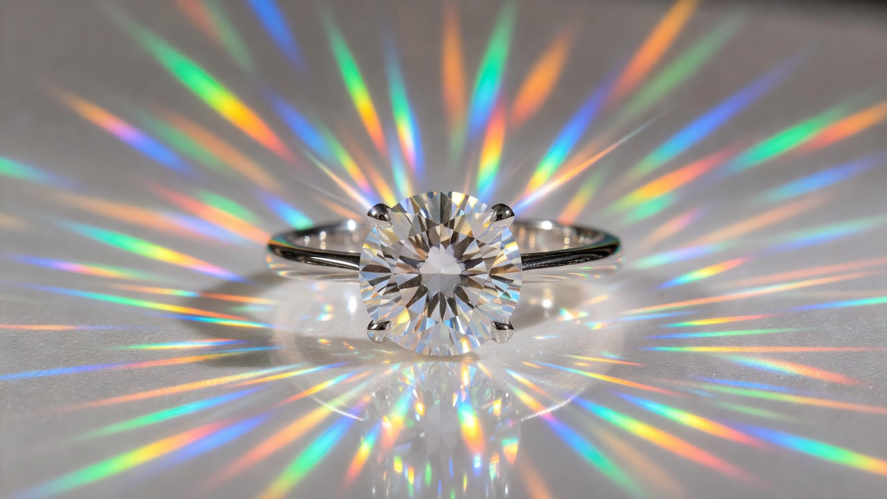 Moissanite ring showing intense rainbow fire disco ball effect under bright light