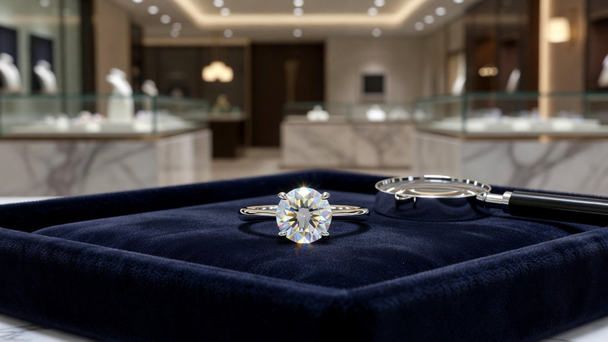 Moissanite ring on velvet tray with jeweler's loupe for identification