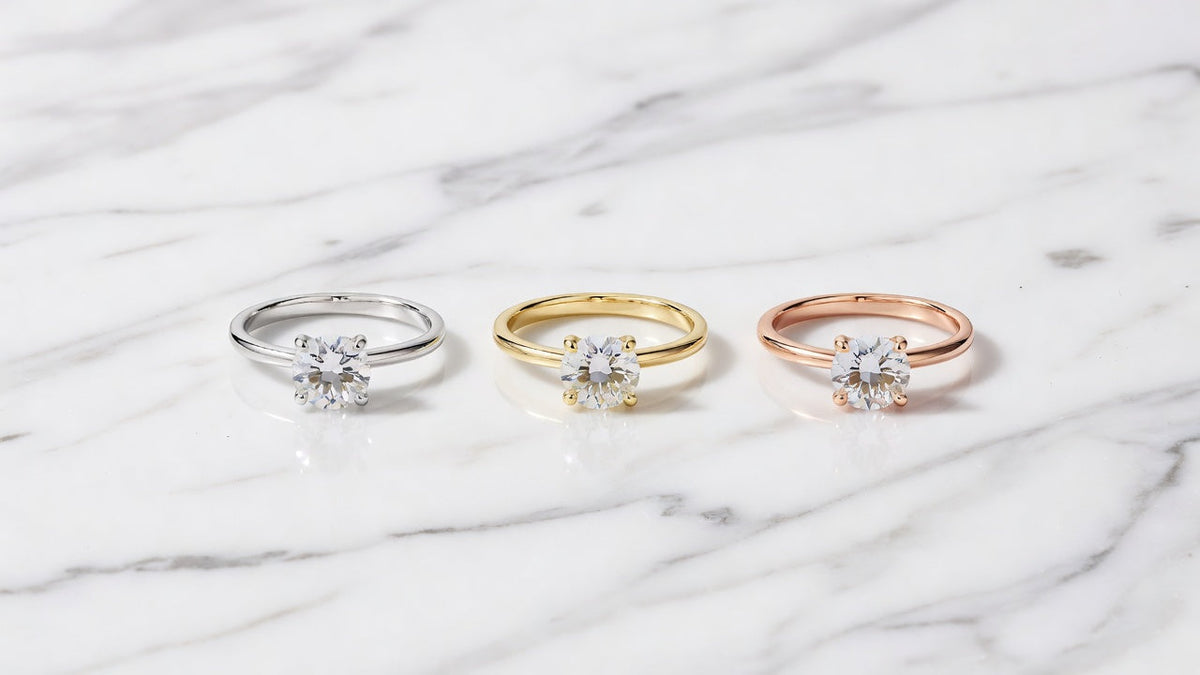 Moissanite ring in white gold, yellow gold, and rose gold comparison