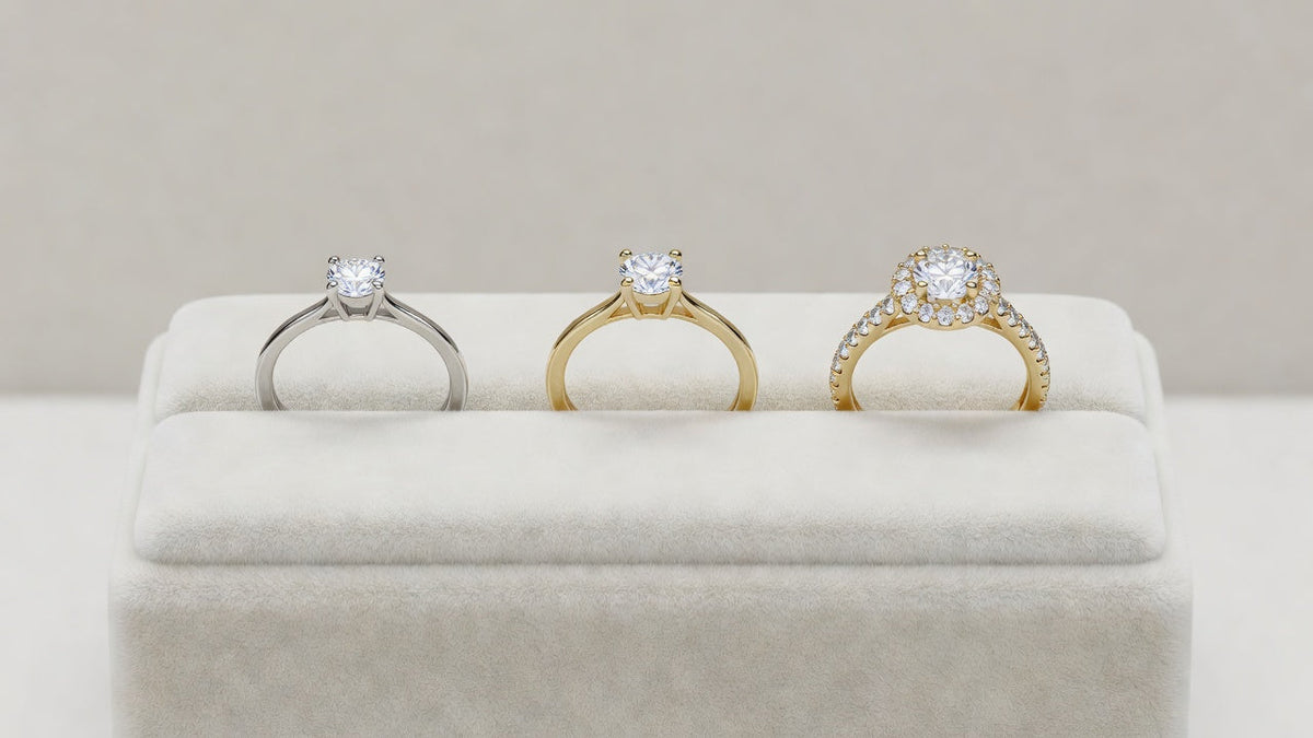 Moissanite rings at different price points display