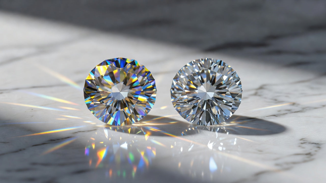 Moissanite vs lab diamond side by side comparison showing fire and brilliance differences