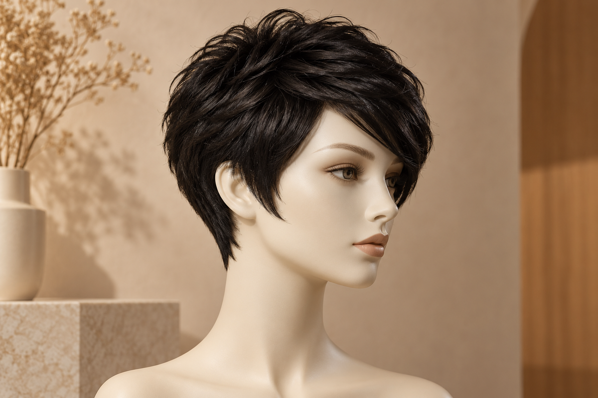 Short pixie cut wig on a mannequin with a side-swept front