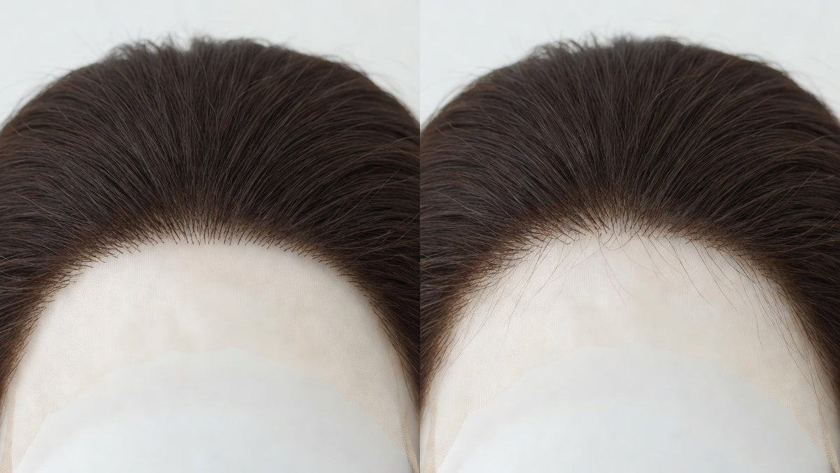 Two wig hairlines side by side, one dense and untouched and one thinned and softened at the front edge