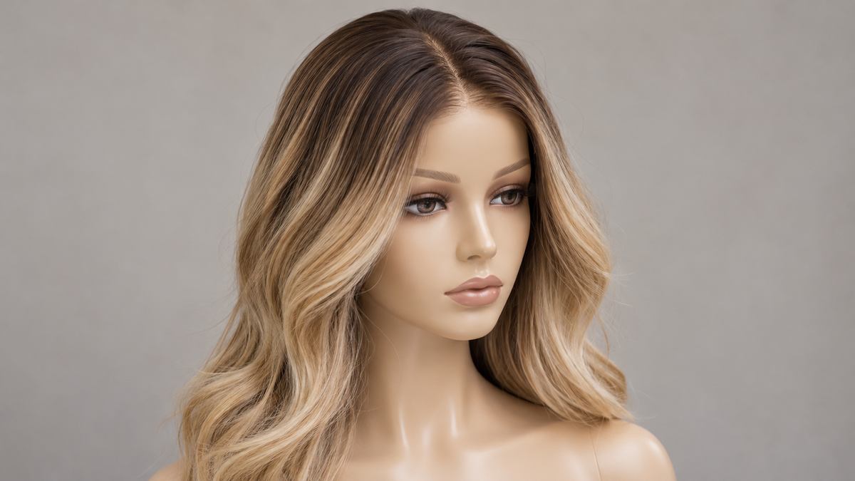 Rooted blonde wig with a soft darker shadow root and middle part