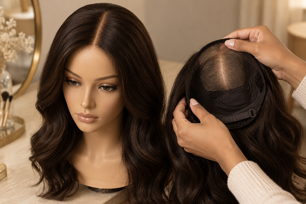 Silk top wig cap construction on a mannequin