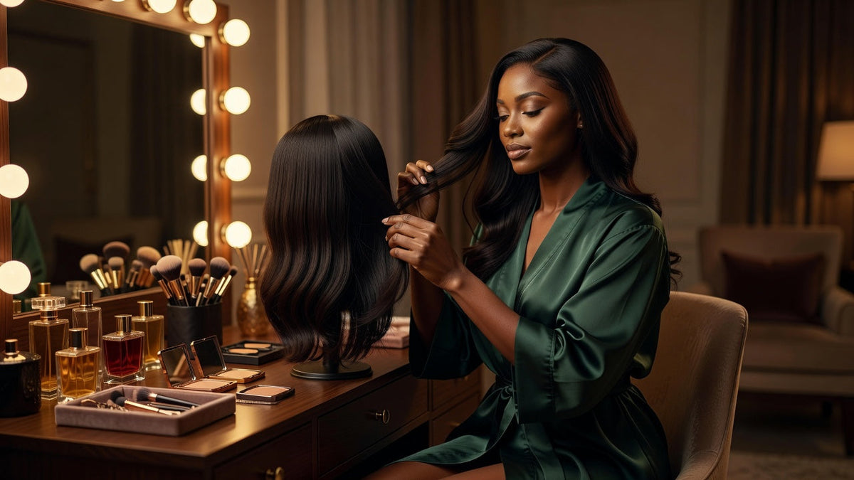 Styling synthetic wig at vanity mirror