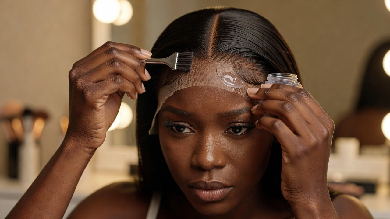 Styling baby hairs on a synthetic wig with an edge brush for a natural hairline