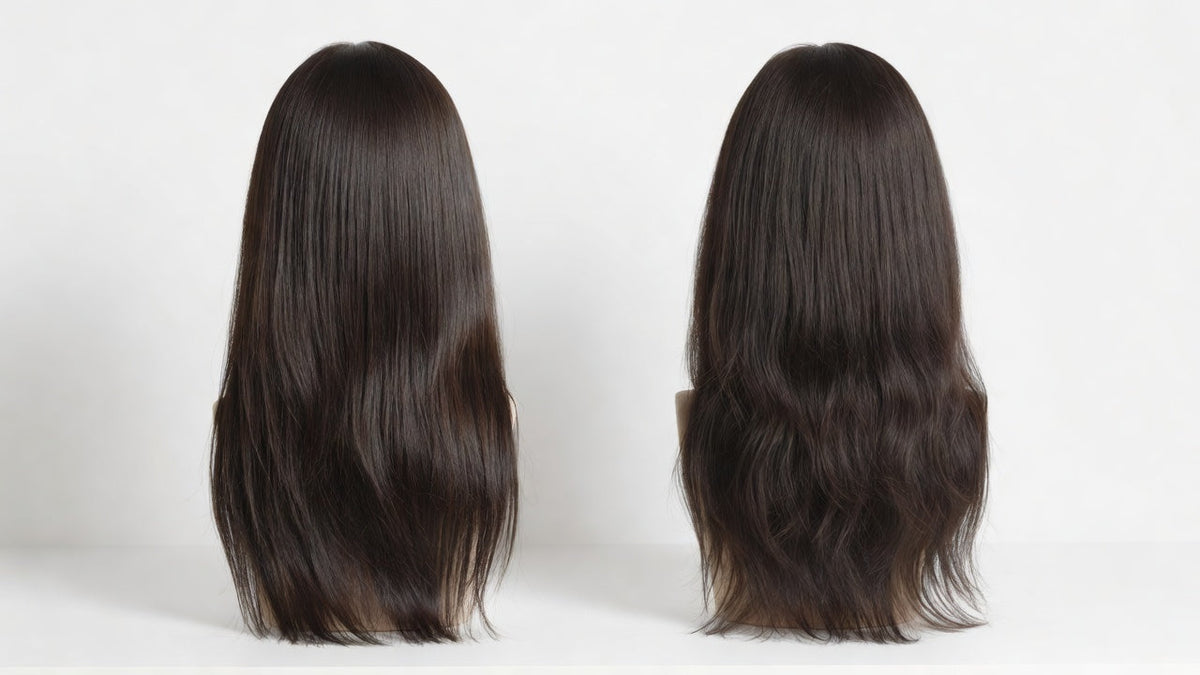 Shiny synthetic wig vs natural matte wig comparison under bright light
