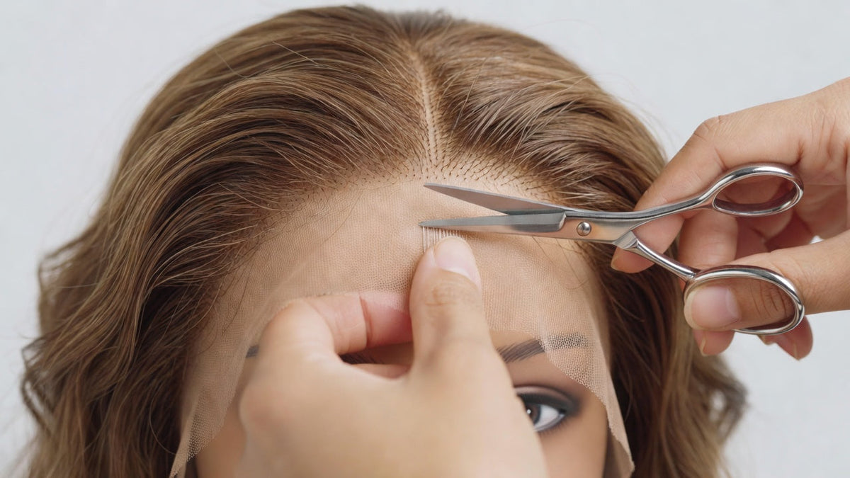 Trimming lace front wig with scissors along hairline