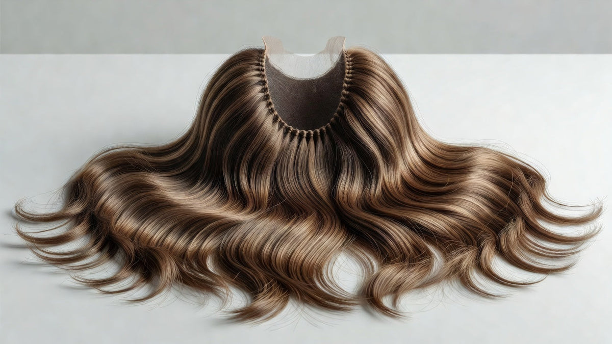 U part wig laid flat showing the U-shaped opening at the top where natural hair is pulled through for blending