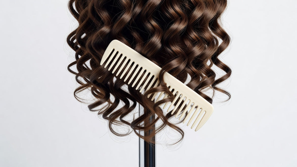 Wide-tooth comb used to gently detangle a synthetic wig