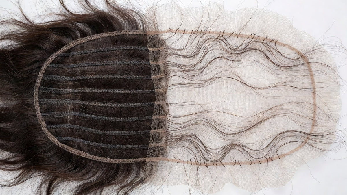 The inside of a wig cap showing machine-sewn wefts at the back and a hand-knotted lace panel at the front