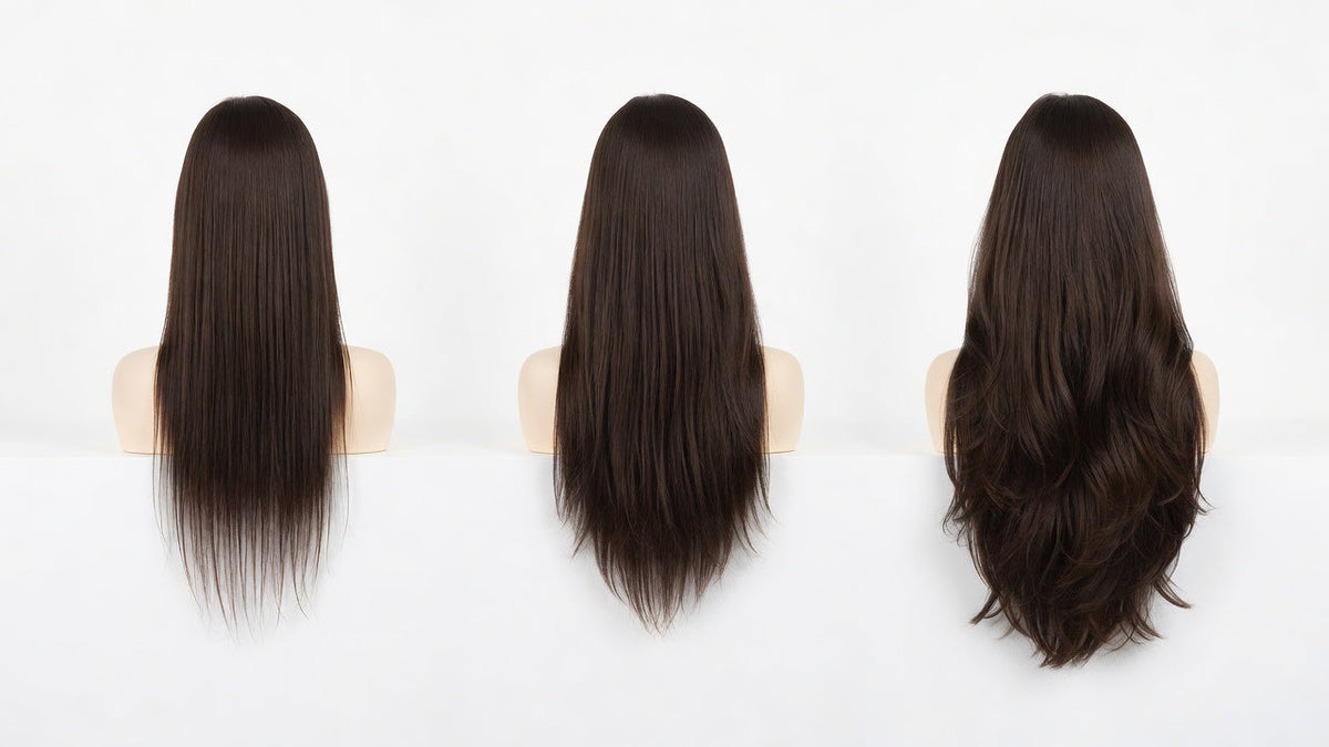 Three wigs of the same length and increasing density shown side by side from behind against a white background