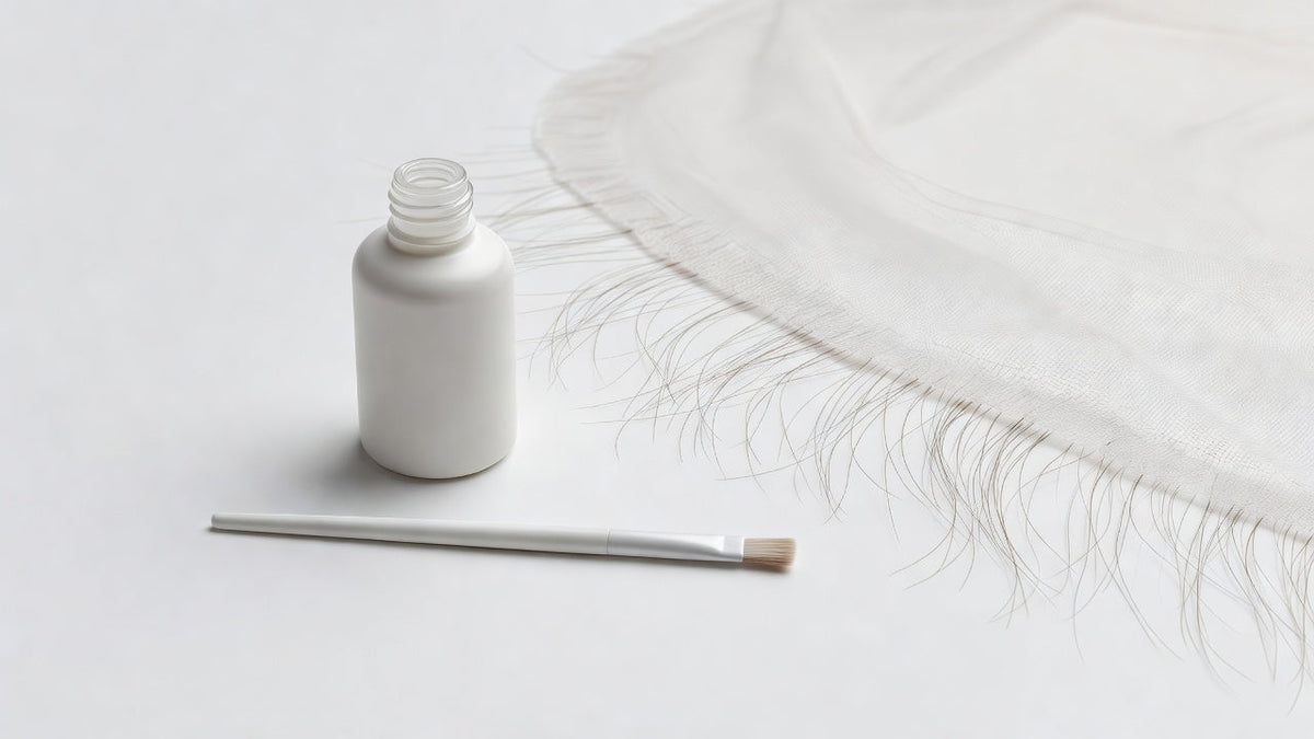 A bottle of lace adhesive and a brush applicator on a clean white surface beside a lace wig edge