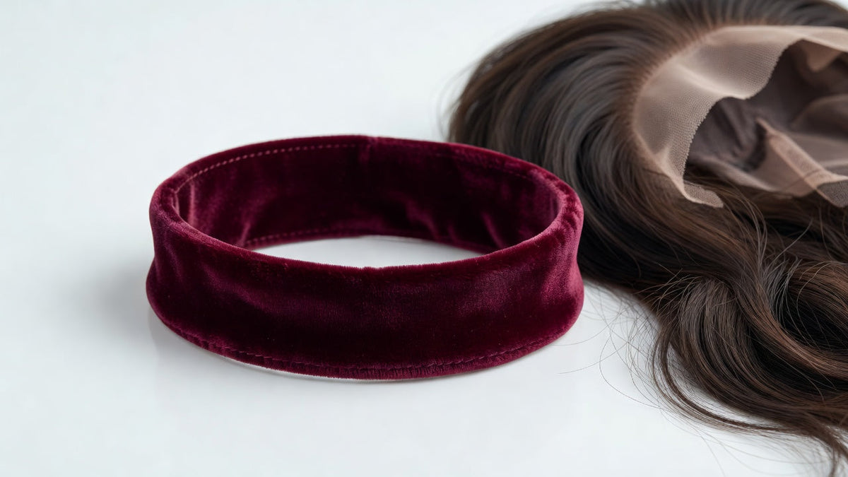 Wig grip band shown against wig cap for secure no-glue hold