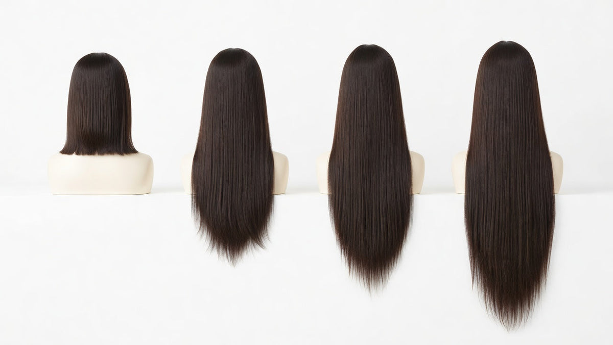 Four wigs of increasing length shown side by side from behind, from a chin-length bob to lower-back length
