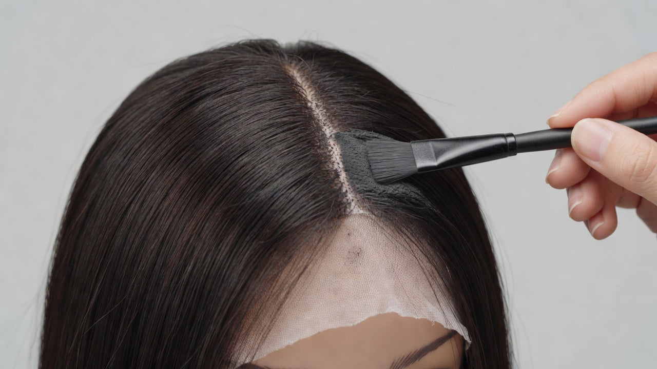 Applying parting powder to wig for a realistic scalp appearance