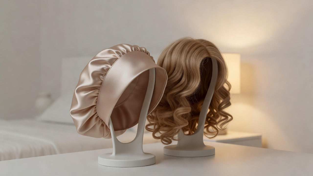 Satin bonnet next to a curly wig on a stand for overnight protection