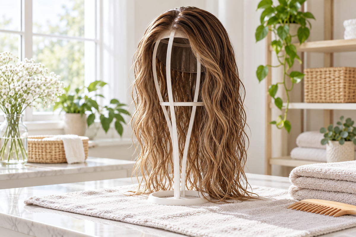 Long wavy wig air drying on an open-frame wig stand